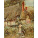 Mother and child by a thatched house Victorian oil on canvas 50 x 40cm