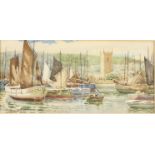 Arthur WHITE St Ives Harbour Watercolour Signed 17 x 37cm