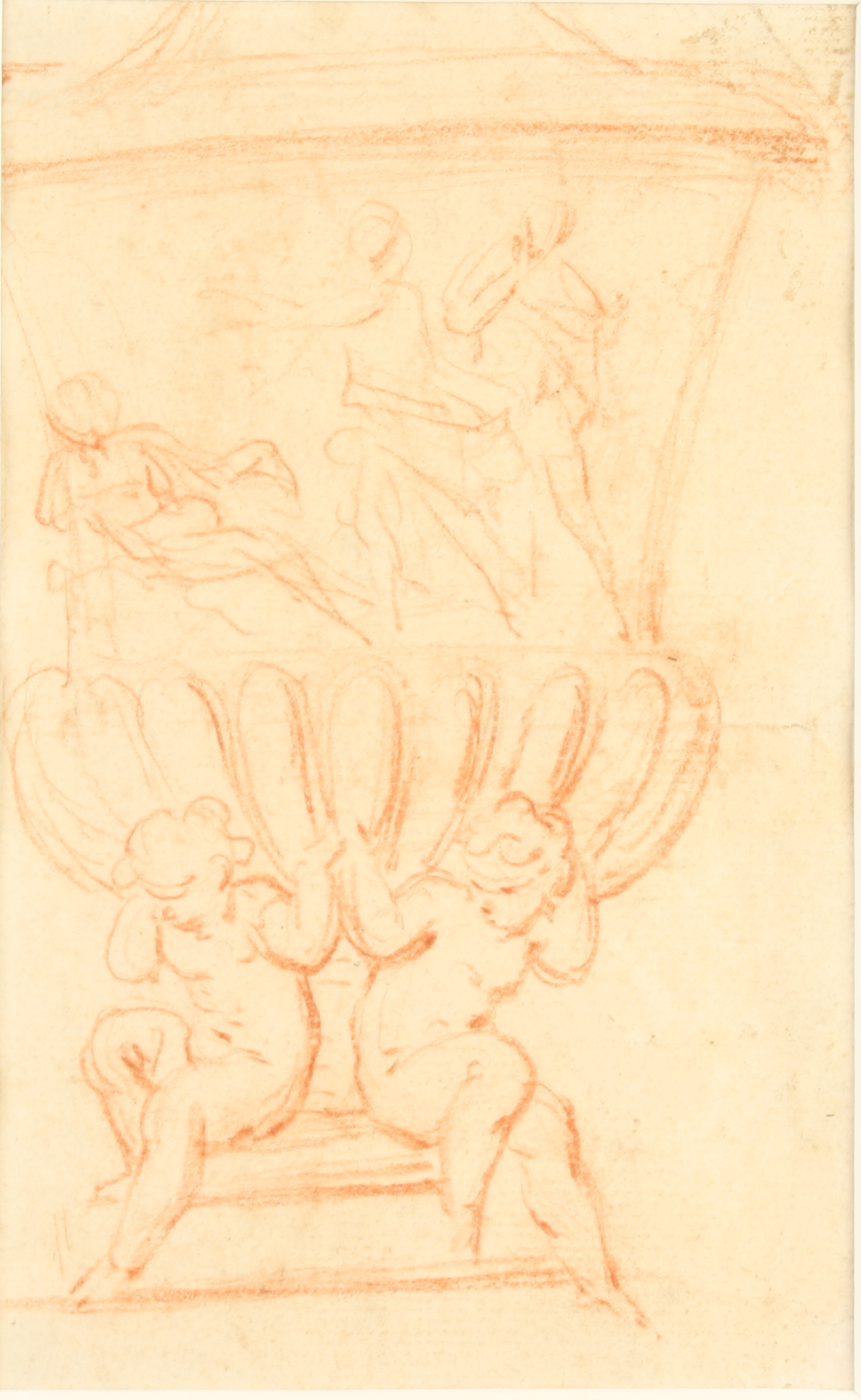 J S BORGOGNIONE Cherubs supporting a vase Old master red chalk drawing Collector's label to the
