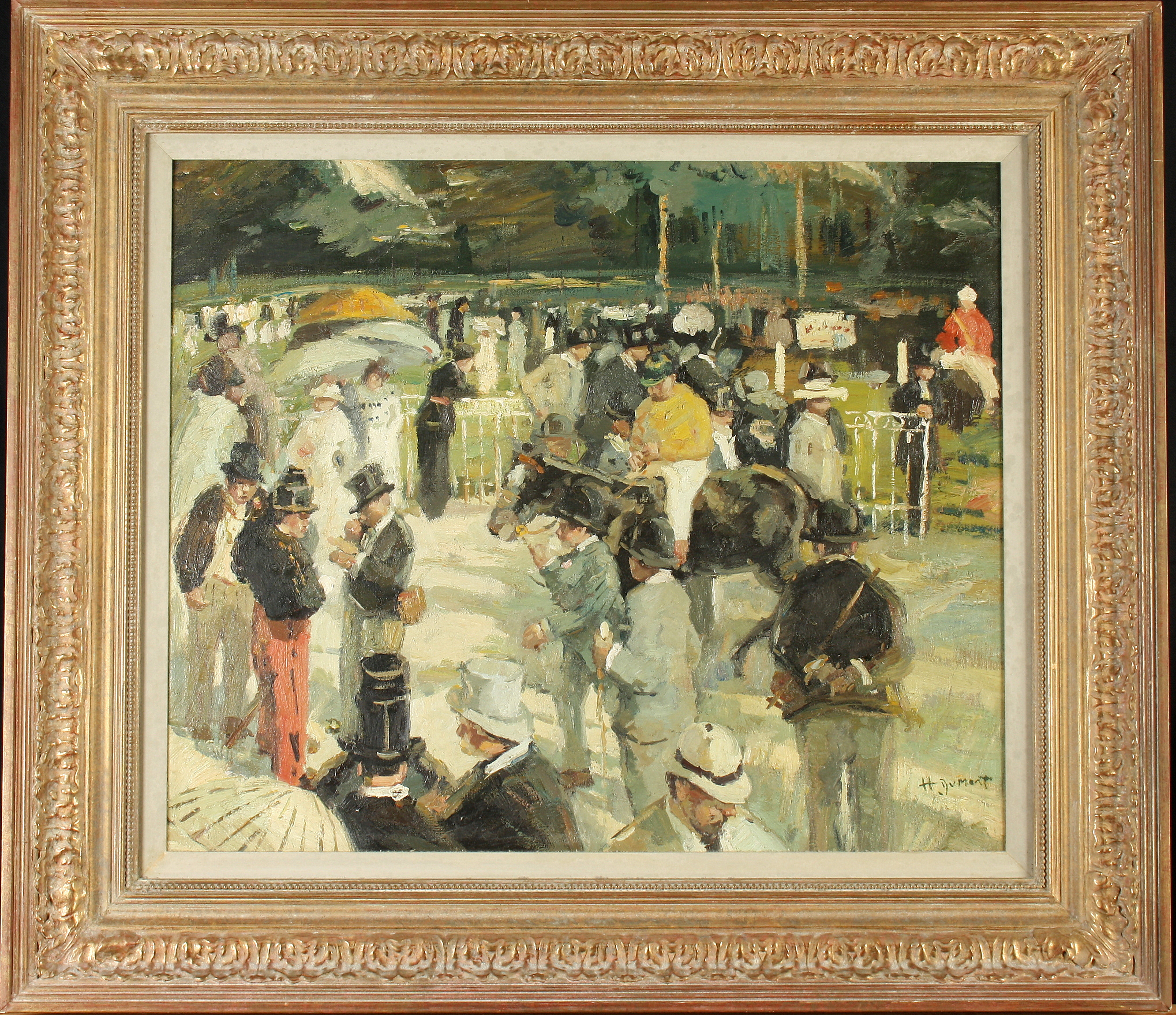 H DUMONT Longchamp Paddock Oil on board Signed Further signed and inscribed to the back 50 x - Image 2 of 3