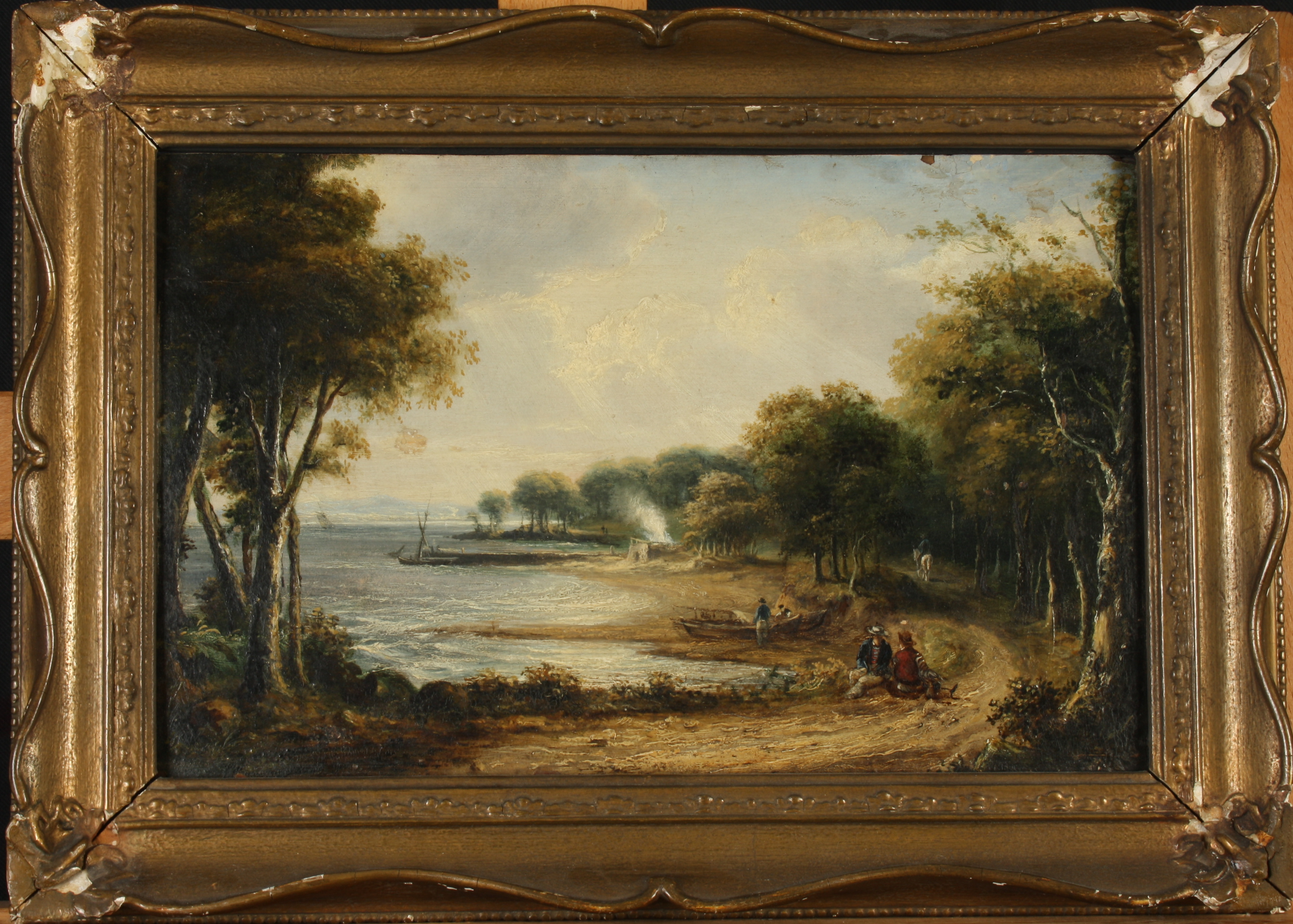 19th century English School Figures by an estuary Oil on panel Indistinct label to the back 23 - Image 2 of 3