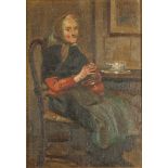 Julia G LONGE Seated lady Oil on canvas board Artist's label to the back 32 x 21cm