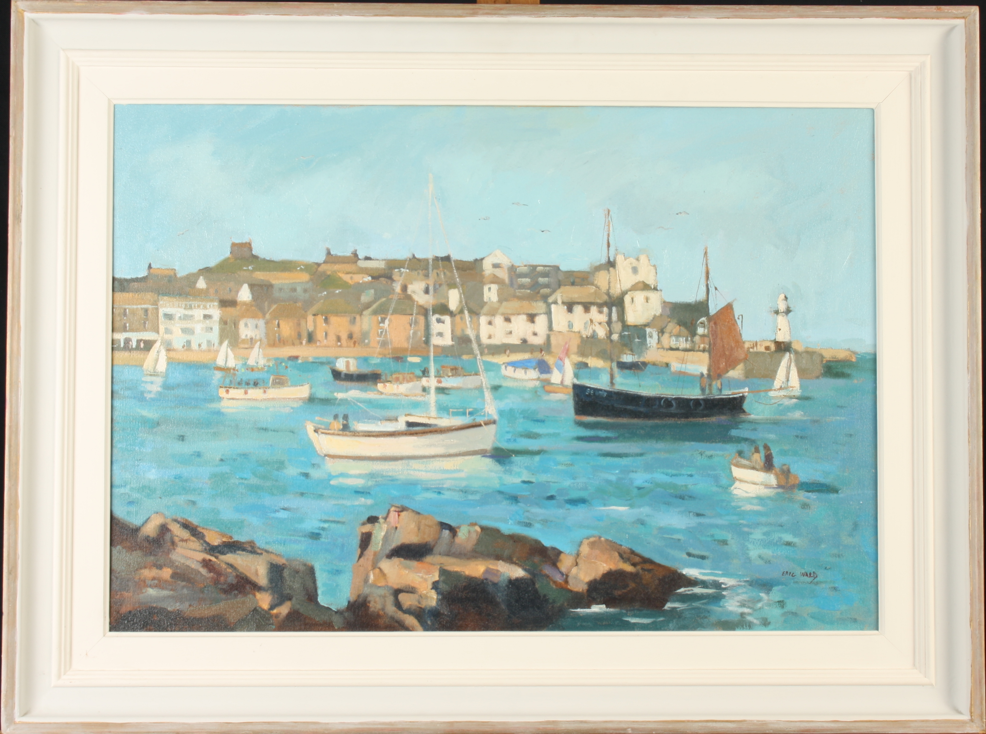 Eric WARD St Ives Harbour from Pednolva Oil on canvas Signed Inscribed label to the back 45 x - Image 2 of 2