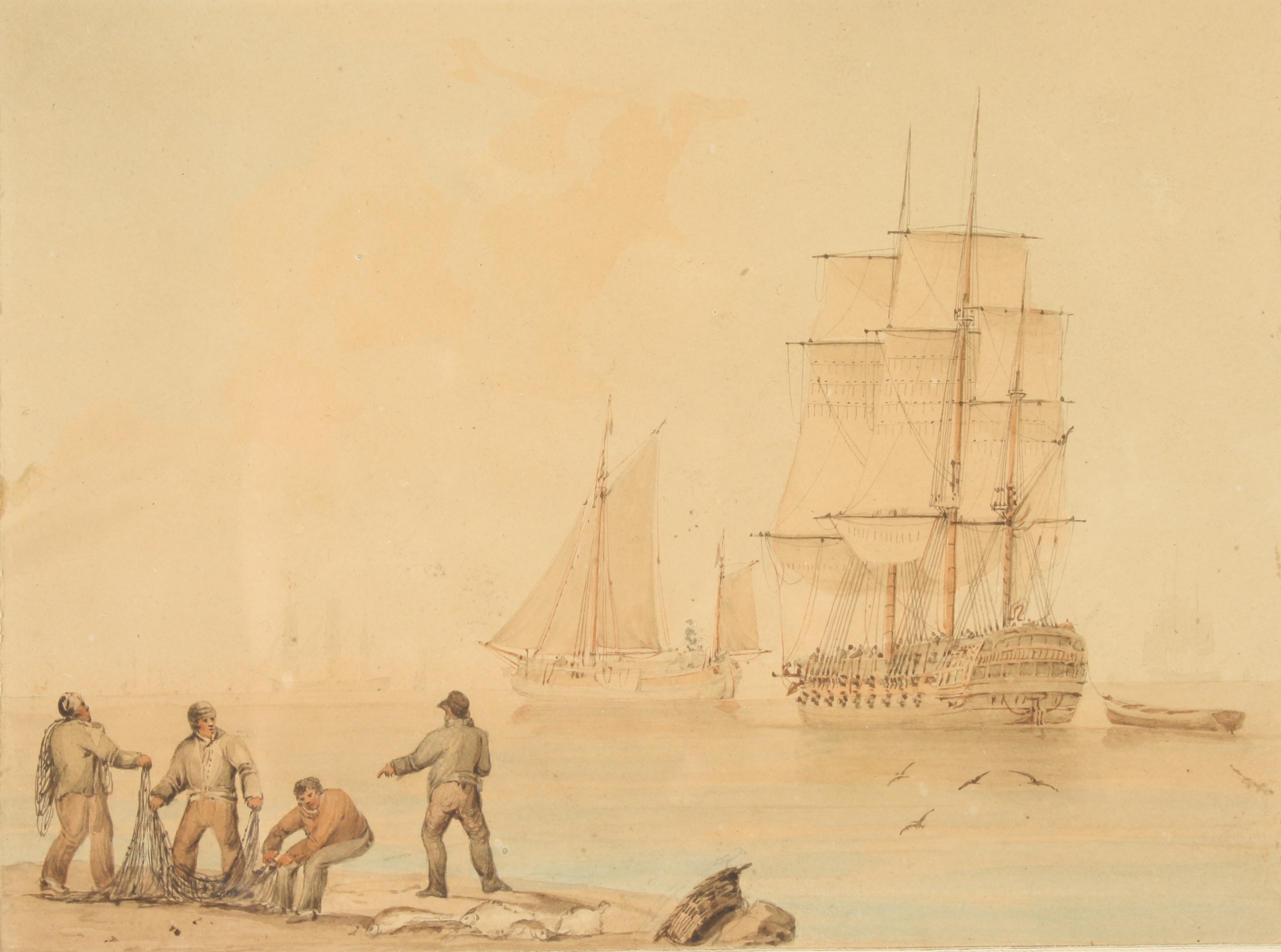 Attributed to William JOY Frigate at Anchor Watercolour Arthur Ackerman gallery label to the