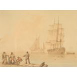 Attributed to William JOY Frigate at Anchor Watercolour Arthur Ackerman gallery label to the