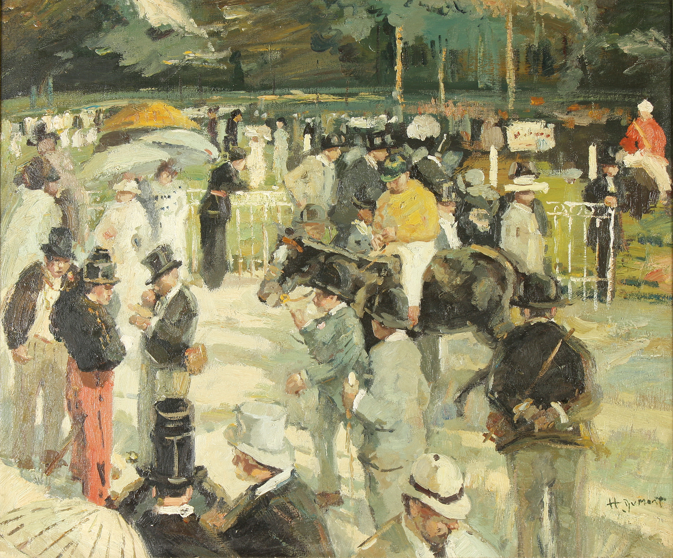 H DUMONT Longchamp Paddock Oil on board Signed Further signed and inscribed to the back 50 x