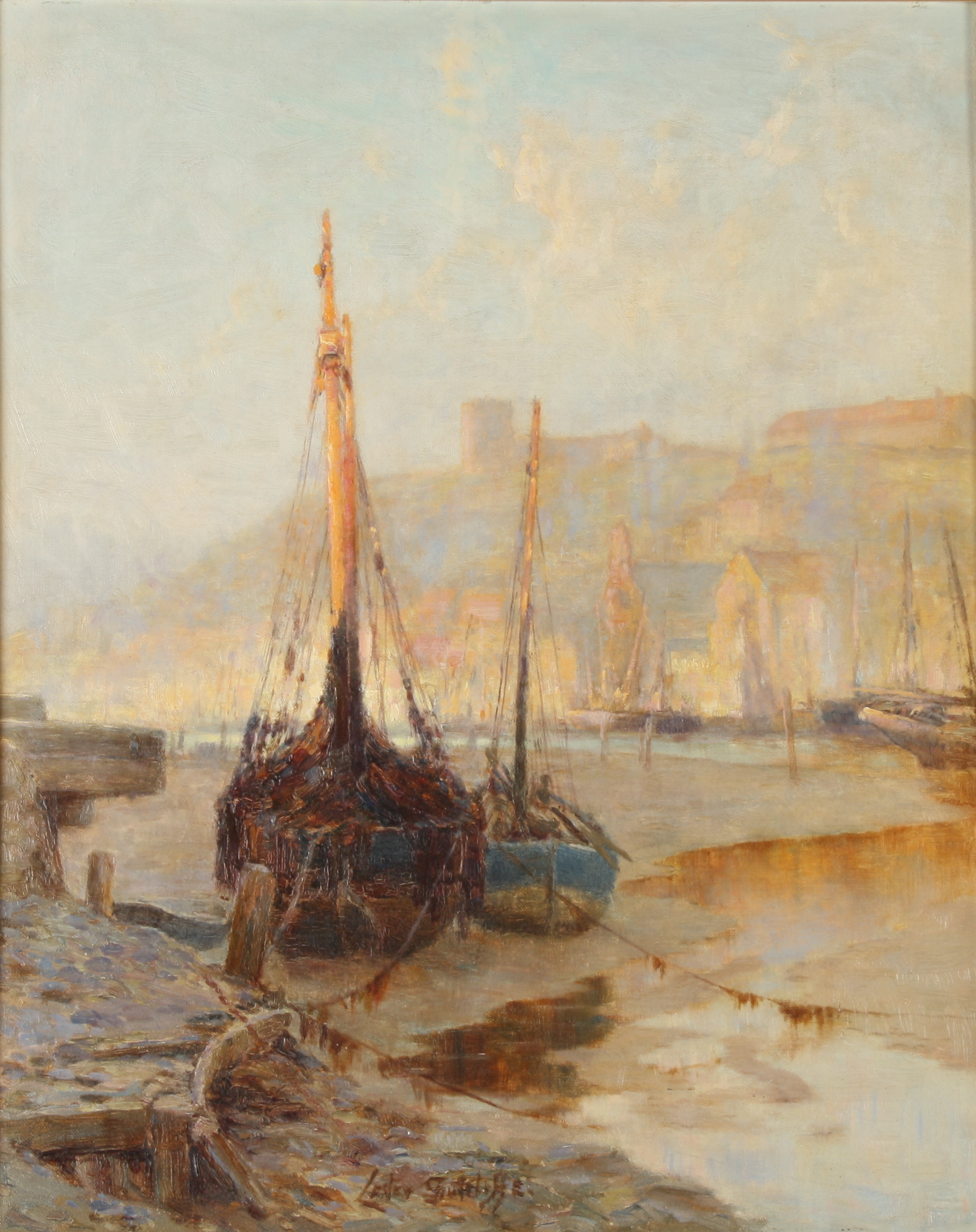 Lester SUTTCLIFFE Boats Aground Whitby Harbour Oil on board Signed 40 x 31cm