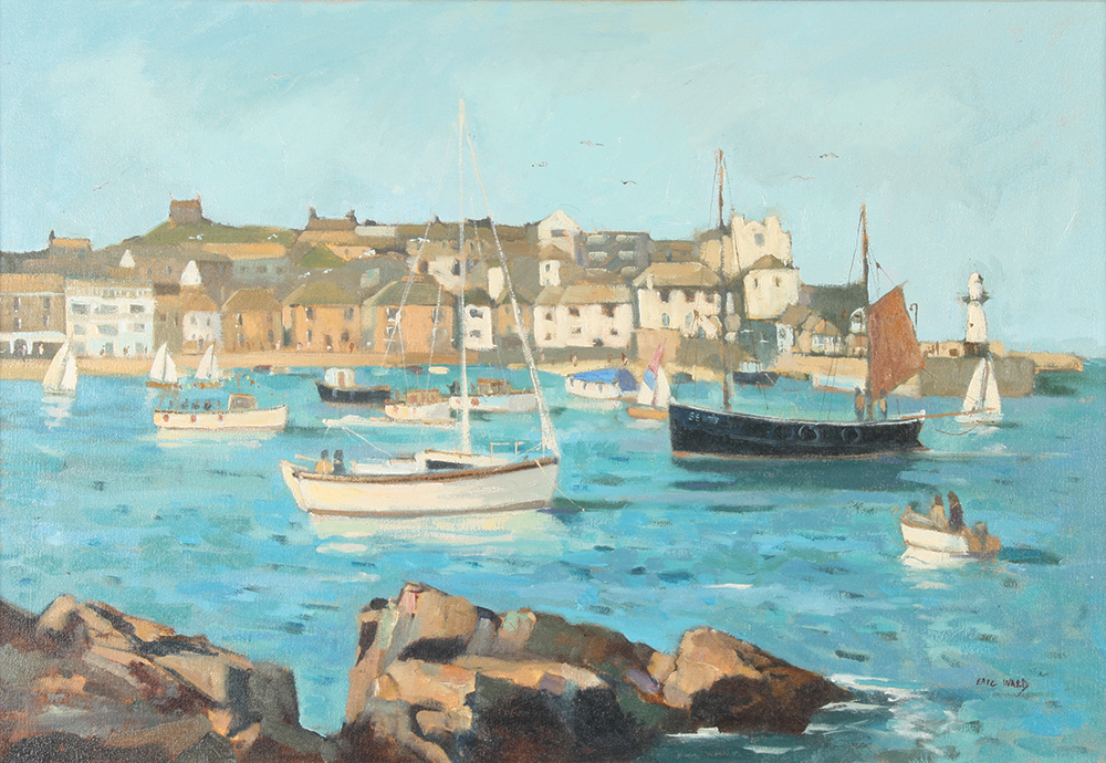 Eric WARD St Ives Harbour from Pednolva Oil on canvas Signed Inscribed label to the back 45 x