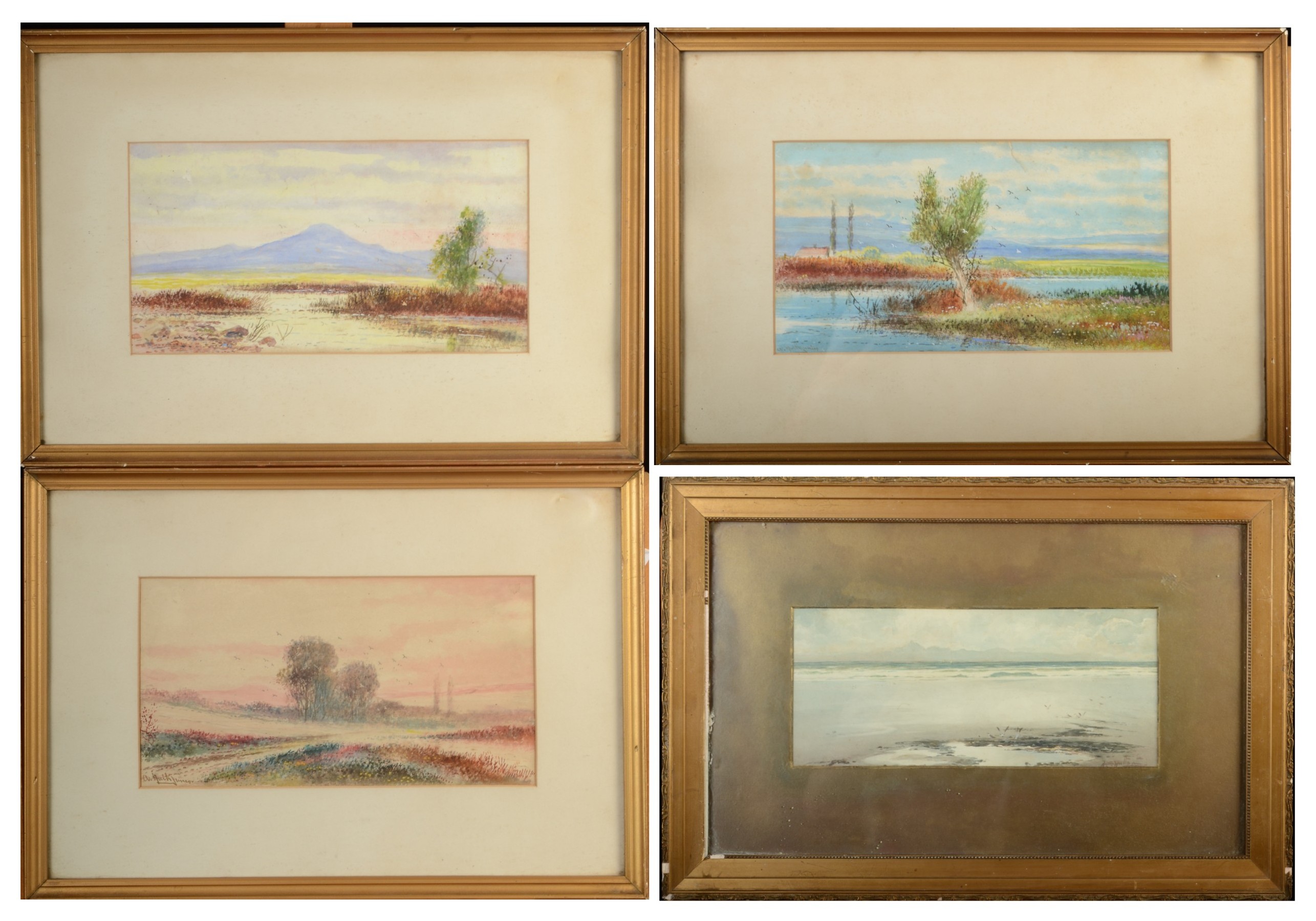 Thomas Swift HUTTON Low Tide watercolour Signed 13 x 35cm together with three watercolours by A.