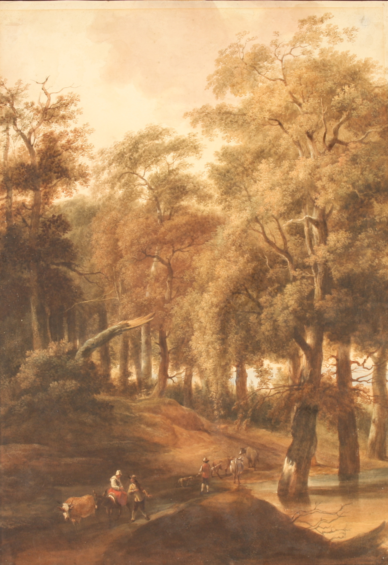 Follower of WOUWERMAN Figures in woodland Watercolour 50 x 36cm