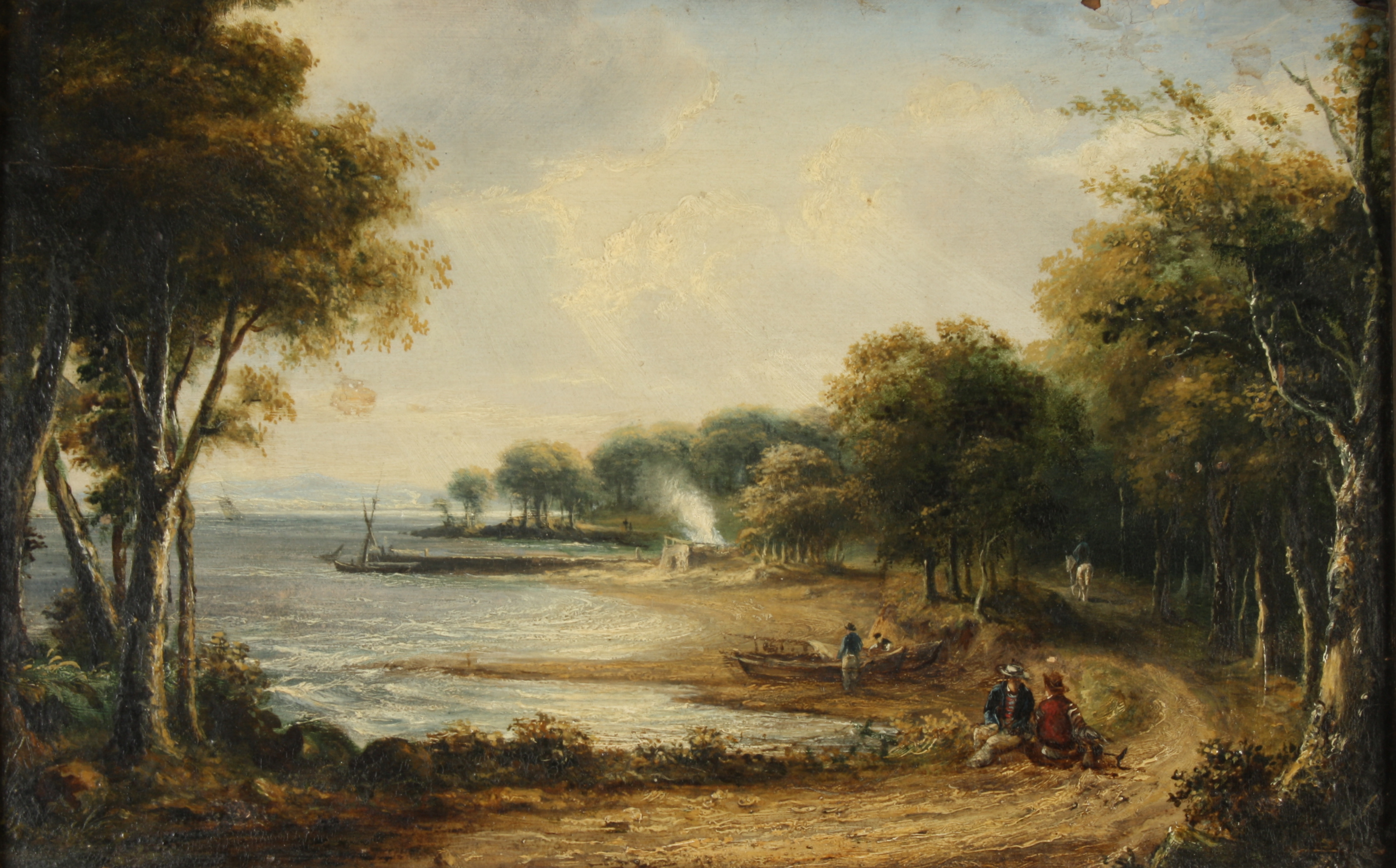 19th century English School Figures by an estuary Oil on panel Indistinct label to the back 23