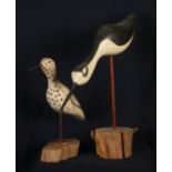 Two bird sculptures Black Bellied Plover & Long Neck Stilt Wood and painted wood Each inscribed