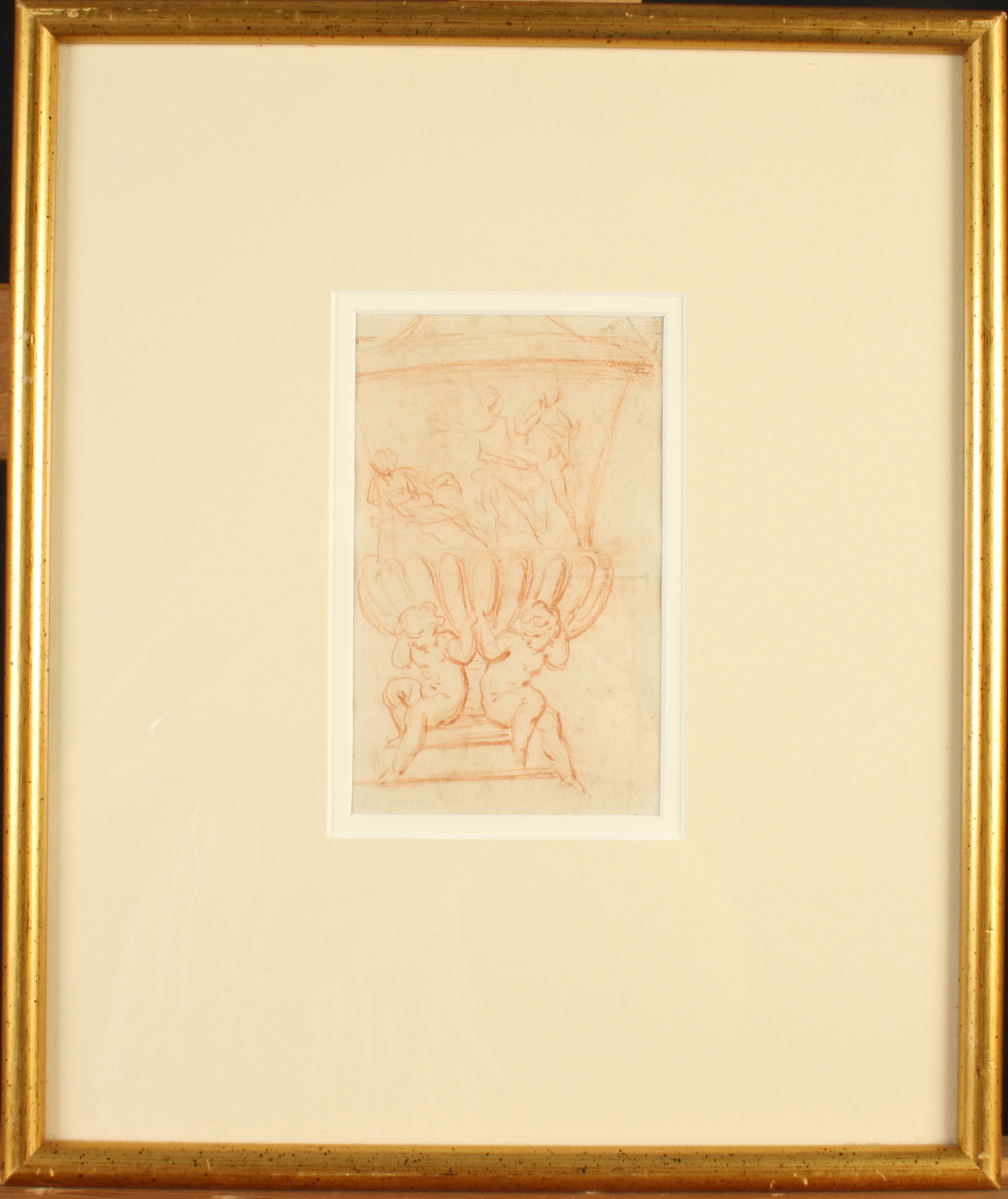 J S BORGOGNIONE Cherubs supporting a vase Old master red chalk drawing Collector's label to the - Image 2 of 3