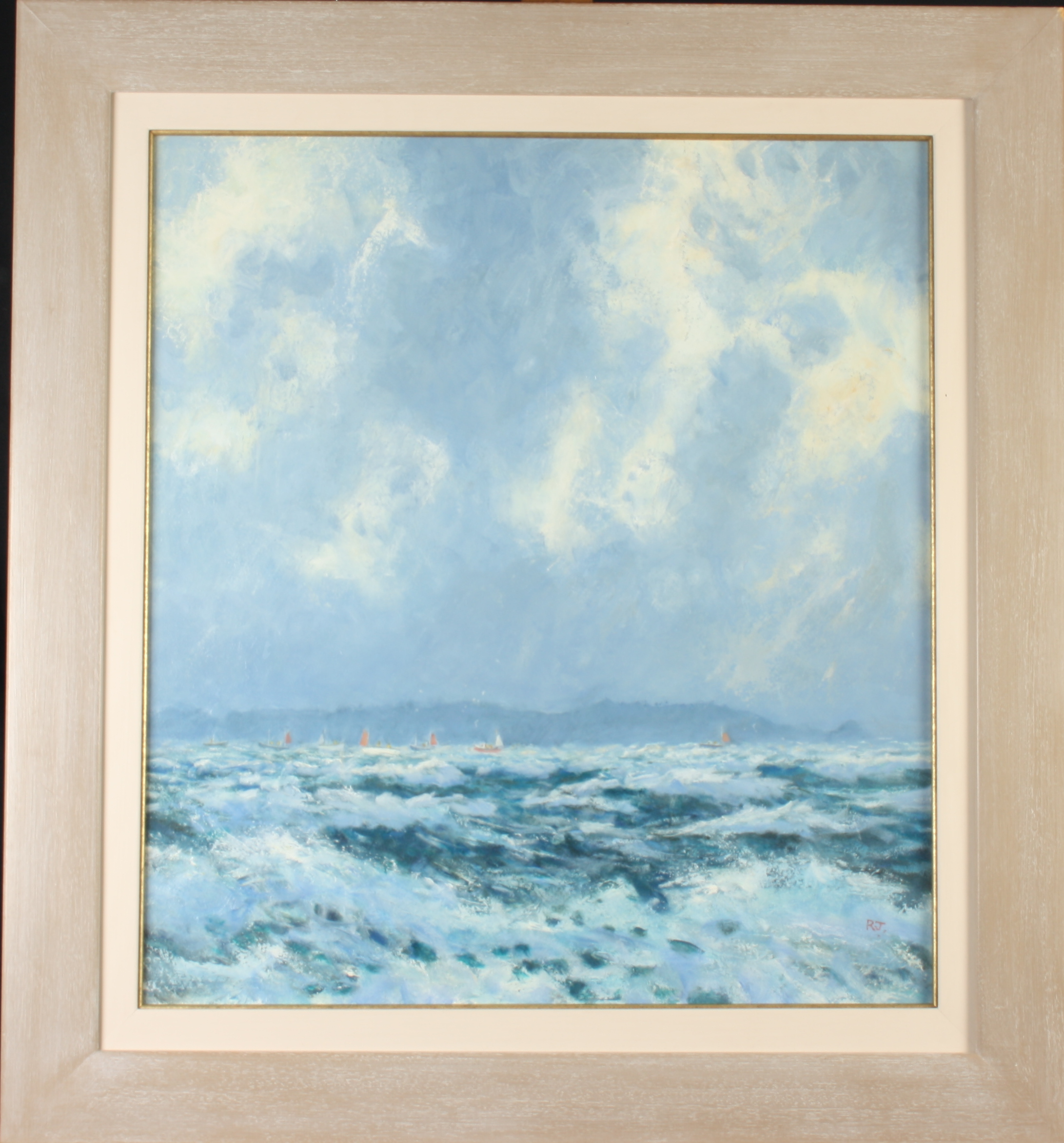 Robert JONES Mackerel Fleet off the Coast Oil on board Initialled Signed, - Image 2 of 2