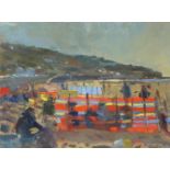 Bo HILTON Windbreaks on Sennen Beach Oil on board Signed 30.5 x 40.