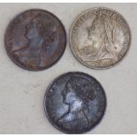 British Pennies:- 1863 VF plus 1865 EF some lustre and 1901 EF lustre (odd colour).