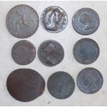 British copper:- 1/4d 1779, 1739, Isle of Man 1/2d 1839 and six other coins, these worn.