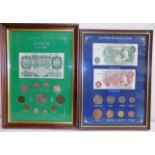 Two framed collections of British coins and banknotes including £1 signed Beale and a couple of pre
