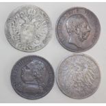 Crown size silver coins:- Austria Thaler 1826G, Saxony 5M 1875, Prussia 5M 1899 and France 5F 1814.