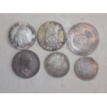 Six crown size 17th to 19th century silver coloured European coins, probable copies,