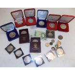 A silver boxing medal, two 1951 crowns, nickel medallions, six 1953 crowns etc.