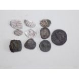 Five Roman and other bronze coins, together with 5 oval silver coins.