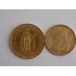 Hungary:- Gold 10 korona 1892, together with Chile:- Gold 2 pesos 1857 worn.