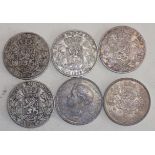Six crown size silver coins:- Belgium 1851, 1869, 1871 (2) Spain 1898 and Latvia 1931.