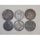 Six crown size 17th to 19th century silver coloured European coins, probable copies,