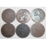 Six tokens including Anglesey Mines 1/2 d 1789 (2) and Macclesfield 1/2 1791.