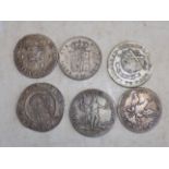 Six 17th to 19th century silver coloured European coins, probable copies, viewing recommended.