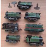 Six Hornby 0 gauge 0-4-0 locomotives and a French Hornby body.