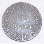 Silver token "Barnstaple Token 6 pence 1811" weak strike.