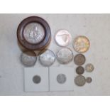 Five Canadian silver dollars, an 1862 1 1/2 penny, a Bermuda crown, 1964 set in wood etc.