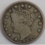 U.S.A. five cent coin, scarce date 1886.