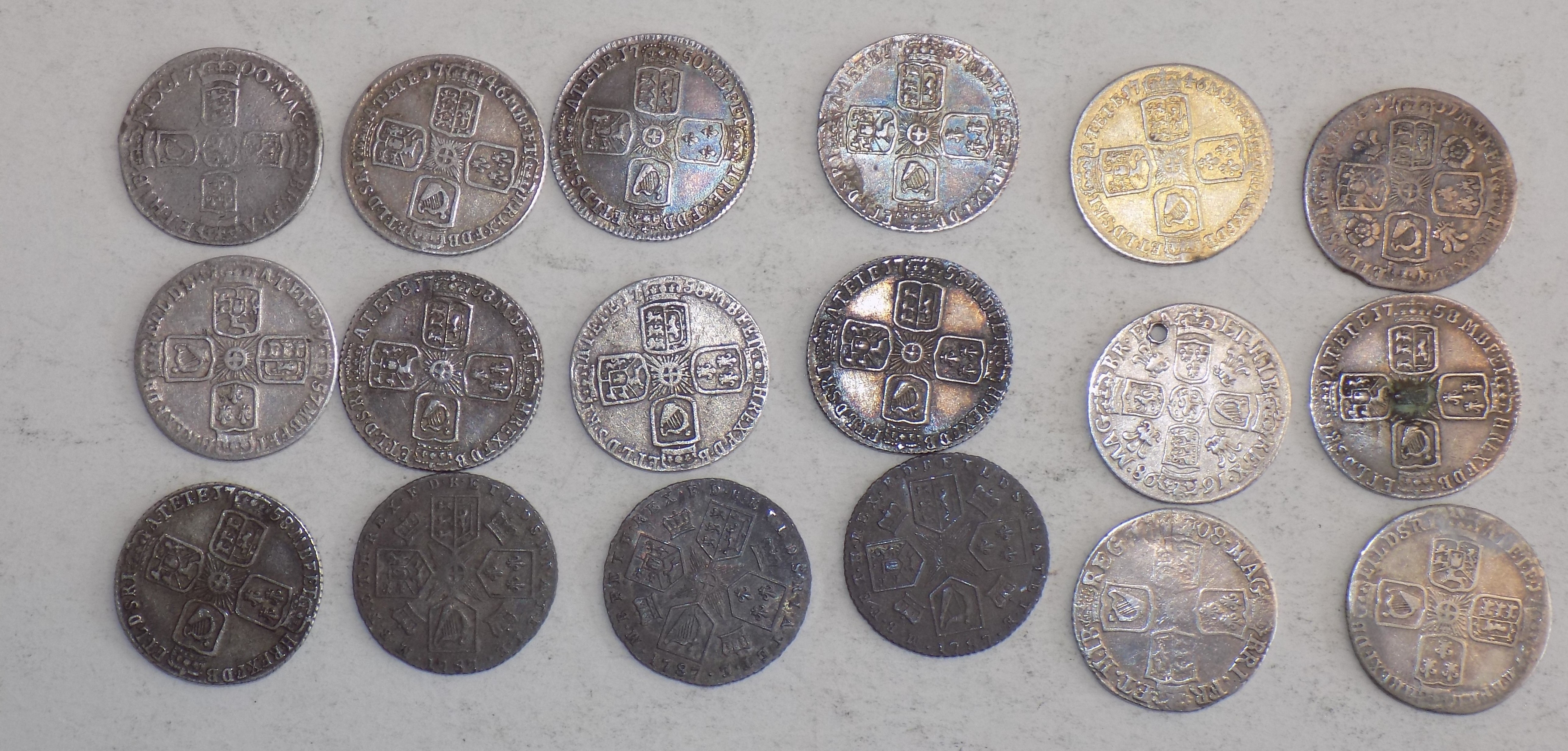 British 6d:- 1700, 1746, 1750 (VF), 1757 (2), 1758 (4) and 1787 (3),