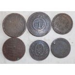 Six tokens including Bristol and South Wales 1811, and Canada 1837.