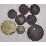 A coal mining cheque, five 17th century tokens and two others.