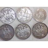 Crowns 1887, 1888, 1889, 1890 and 1935 together with half crown 1887.