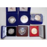 Six silver coins:- Bermuda $25, (2) Samoa $1, Falkland Islands £2,