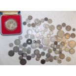 A 1977 silver crown, Elizabeth I 6d 159? George III 1787 and a quantity of World silver coins etc.