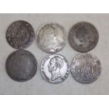 Six crown size 17th to 19th century silver coloured European coins, probable copies,