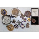 Two Masonic jewels, one silver, bowling badges, a silver A.R.P. badge etc.