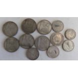 French 20 franc coins:- two 1929 and four 1933, together with six other silver coins.