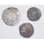 Two early hammered short cross silver coins and a long cross coin, possibly Henry.