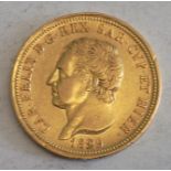 Italian states, Sardinia:- Gold 80 Lire 1829 about VF.