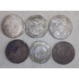 Six crown size 17th to 19th century silver coloured European coins, probable copies,