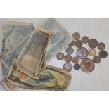 19th and 20th century coins and bank notes including Lundy 1/2d and 1d.