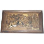 An Indian marquetry inlaid panel, depicting figures, goats and chickens, height 46cm, width 81cm.