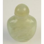 A jade snuff bottle carved with hares and pak choi rabbits, height 9cm.